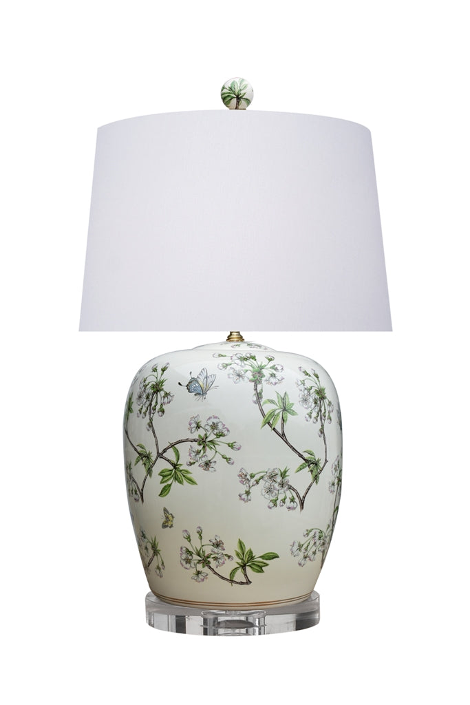 Ella Ginger Jar Lamp in Dove White Porcelain with Cherry Blossoms